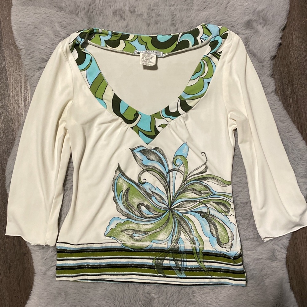 vintage green/blue/white/black sequin flower blouse